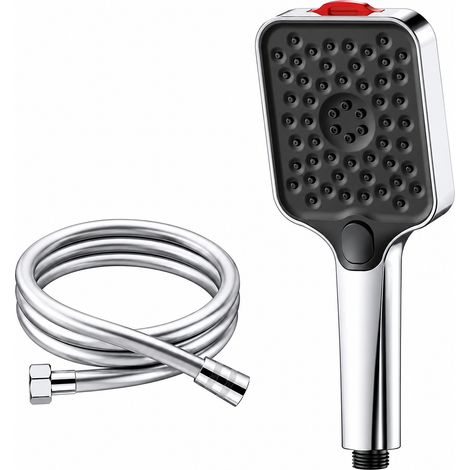 Ensemble de douchette carrée argentée, 3 modes, autonettoyant, anti-brûlure, haute pression + flexible PVC renforcé de 2 mètres