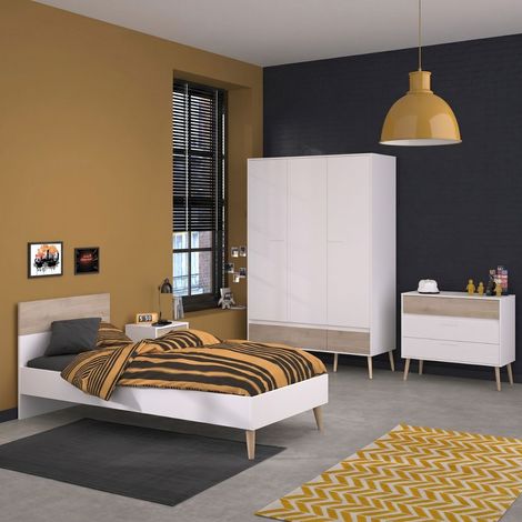 Chambre complète lit 90x190 avec 1 chevet 1 armoire 3P et 1 commode - BORGALL (1/5)
