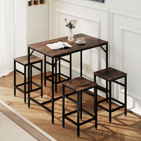 Ensemble table et tabourets de cuisine modernes, table haute et 4 tabourets de style industriel, métal et bois, mobilier moderne, salon et cuisine, 100 x 60 x 88 cm, marron rustique (1/5)