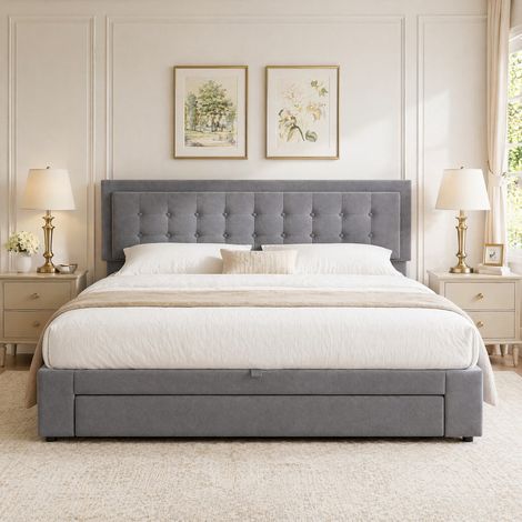 Letto contenitore 160x200 con cassetti, in velluto, grigio DESVIAE (1/5)
