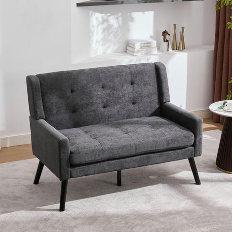 Banc en lin haut de gamme (2 places) avec pieds antidérapants en bois massif et coussin en mousse haute densité – fauteuil d'appoint capitonné pour salon, chambre et bureau
