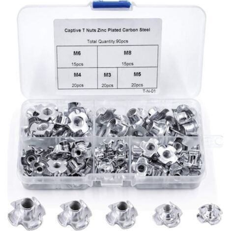RHG 90pcs Ecrou en T 4 Griffes, Ecrous en T en Acier au Carbone, M3/M4/M5/M6/M8, Travail du Bois Meuble, Écrou Inserts en Acier au Carbone T