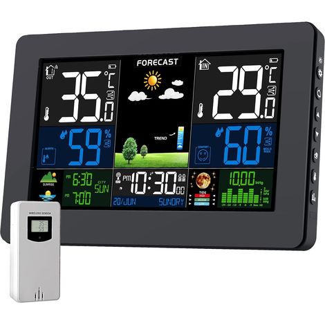 Station Météo Avec Capteur Extérieur, DCF Écran LCD Sans Fil Coloré Météorologique Numérique Baromètre Phase de Lune Alarme Réveil Météo Prévision Rétroéclairage Réglable (1/5)