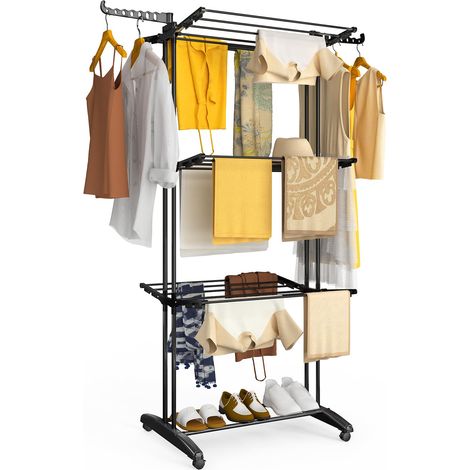 Étendoir à Linge à 4 Niveaux 125x62x173cm Sechoir à Linge Pliable Grande Capacité avec roulettes Ailes latérales Utilisation Intérieure et Extérieure Noir (1/5)