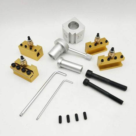 Kit compact tourelle changement rapide alliage aluminium argenté doré noir pour mini tour CNC avec barre alésage porte-outil tournage (1/4)