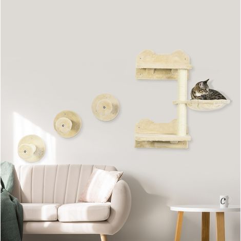 Árbol para gatos mural de felpa beige, set de 4 piezas con hamaca y plataforma, para trepar, rascar y descansar,40x28x73cm (1/5)