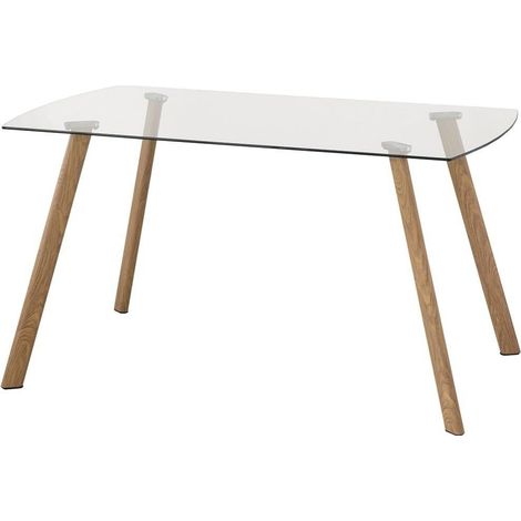 Mesa de comedor de diseño nórdico TALISMÁN cristal transparente y patas de metal color roble 140x80 cm (1/3)