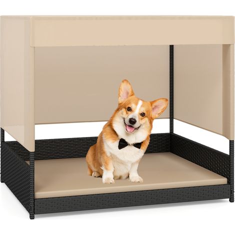 COSTWAY Wicker Dog House Raised Rattan Dogs Bed with Removable Cushion-Black (1/5)