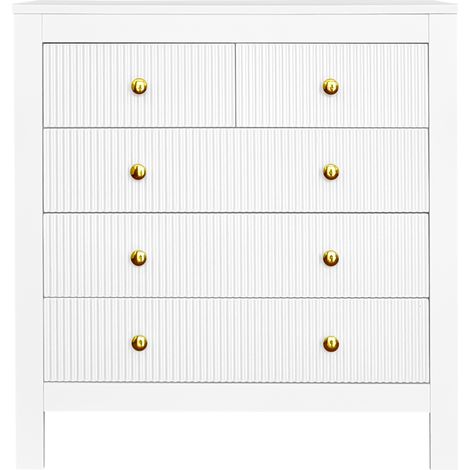 Commode blanche à 5 tiroirs avec poignées dorées en panneaux de particules (1/5)