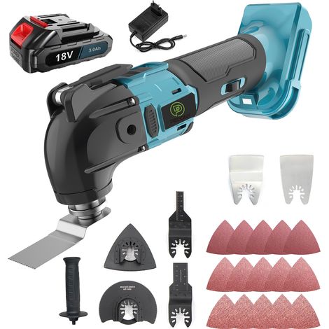 Oszillierende Multifunktionswerkzeuge, kabelloses bürstenloses Multifunktionswerkzeug, Schleif- und Schabersäge, 6 Geschwindigkeiten und 2 x Akku 3,0 A + Ladegerät, kompatibel mit Makita-Akkus