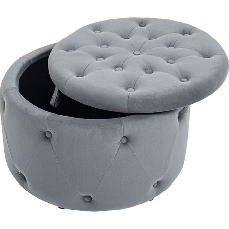 Tabouret rond avec compartiment de rangement, design matelassé avec boutons, revêtement aspect velours, gris, 60 x 60 x 40 cm (1/5)