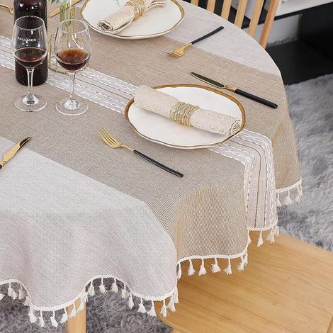 Mantel redondo de 140 cm color caqui resistente a las manchas con borlas bordadas para cumpleaños y Funda mesa comedor lavable lino algodón (1/5)