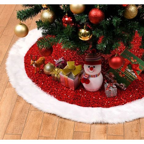 Tapis de sapin de Noël rouge de 122 cm (48 pouces), tapis de sapin de Noël en tissu à paillettes pelucheuses décoré, tablier de sapin de Noël (1/4)