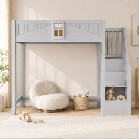 Letto a soppalco in legno 90 x 200 cm grigio con scala laterale reversibile e finestra (1/5)