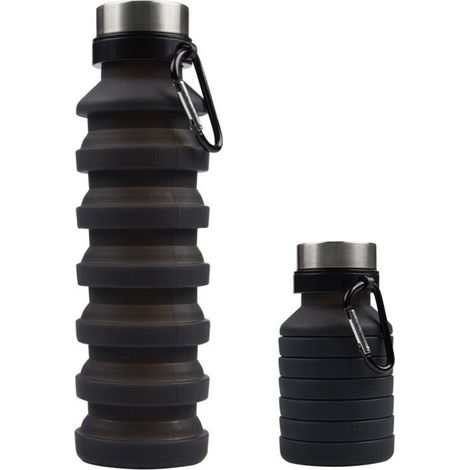 Bouteille d'eau pliable en silicone réutilisable pour voyage, gym, camping, randonnée, portable, anti-fuite, noire (1/5)
