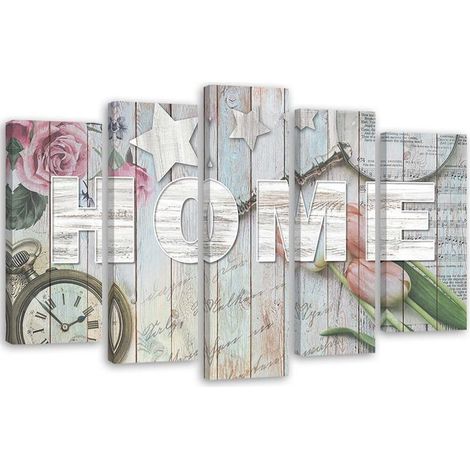 Stampa su tela 5 parti, Iscrizione domestica in legno grigio e fiori - 100x70 (1/4)