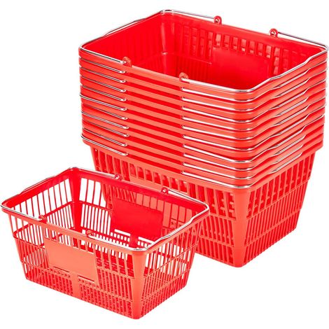 Paniers de courses lot 12, 21 L plastique PE empilable, poignées métalliques, maille dense, 9,07 kg, rouge compatibilité étendue (1/5)