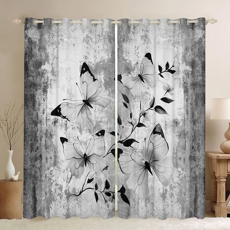 Rideau Occultant 140x260 cm Papillon Gris, Rideau Peinture À l'huile Abstraite, Rideaux Voilage Ferme Rustique, Voilage Fenetre Papillons Blancs Gris pour Chambre Salon - 140L X 260H cm (2 Panneaux) (1/5)