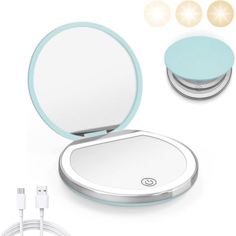 Miroir de poche compact vert menthe avec lumière, grossissement 1X/2X, LED Câble de données USB (1/5)