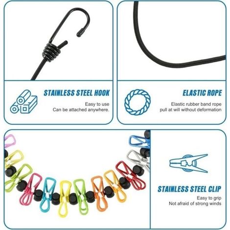 Corde à linge de voyage portable rétractable avec 12 pinces à linge (couleur), accessoire intérieur et extérieur