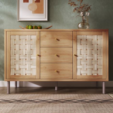 Commode maison campagne – 120x40x75cm – Chêne – 2 portes 3 tiroirs – Pieds métal – Anti-basculement (1/5)