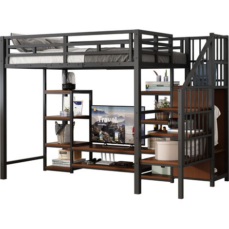 Cama Alta Individual con Soporte TV, Enchufe y Escalera con Almacenaje, 90×200 cm, sin Colchón, Negro (1/5)