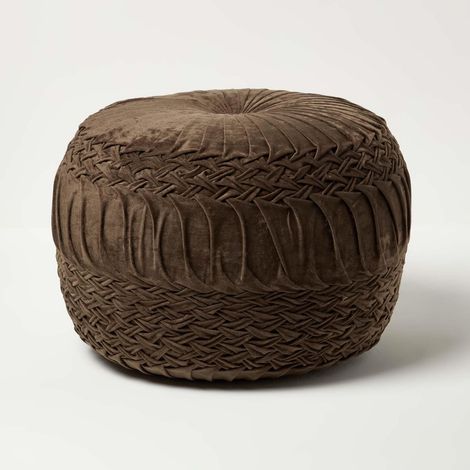 HOMESCAPES Sofia – Samt-Pouf geflochten & plissiert – schokoladenbraun, 50x35 cm