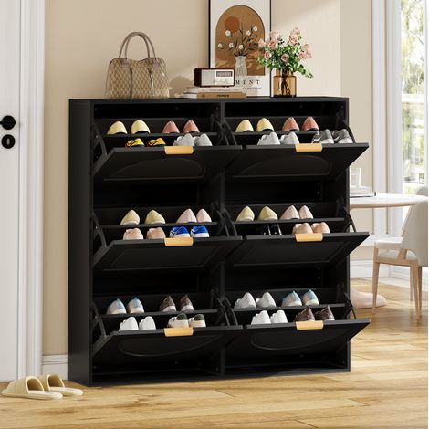 Meuble à chaussures 118x25x115 cm noir en MDF avec 6 compartiments abattants et étagères ouvertes (1/5)