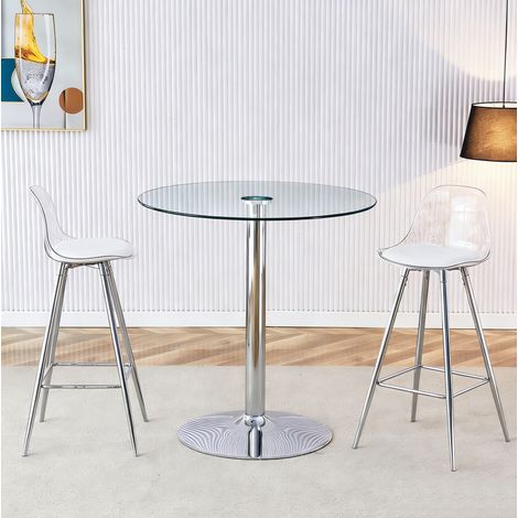 Conjunto de Mesa Alta y 2 Taburetes de Bar con Respaldo Transparente y Reposapiés, Estructura Estable, Vidrio Metal Plata Transparente (1/5)