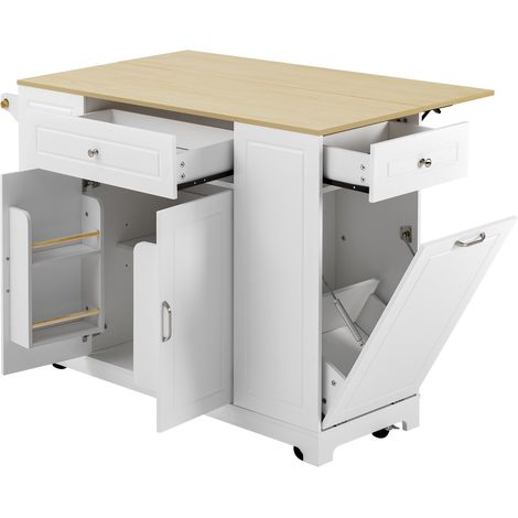 Carro de Cocina con Encimera Abatible, Enchufes y Compartimento para Residuos, MDF, Blanco y Natural, 131,8 x 40-70 x 93,3 cm (1/5)