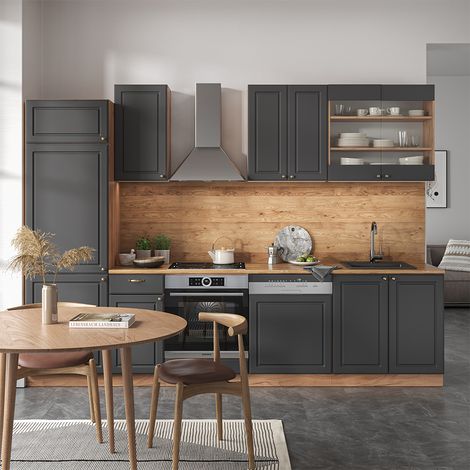 Cuisine Fame-Line, Anthracite Campagne/Chêne doré, 300 cm , PT Marbre, Vicco