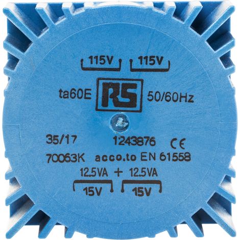 Transformateur torique RS PRO, 2 x 115V c.a. 2 x 15V, 25VA ( Prix pour 1 ) (1/3)