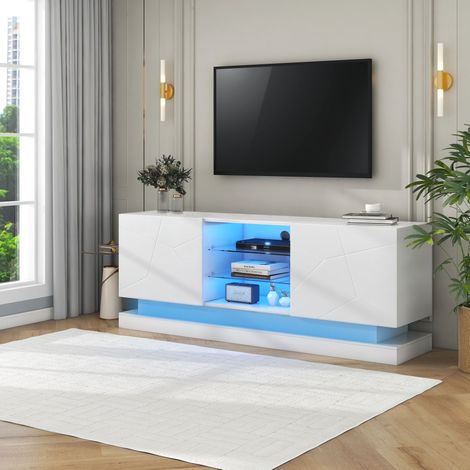 Mobile TV bianco 160 x 38,5 x 60 cm, ripiano in vetro regolabile, per TV 70 pollici HAVRYA (1/5)