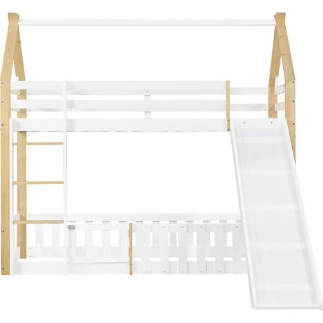 Kinder-Hochbett 90x200 cm mit Rutsche, Treppe, Dach und Platz unter dem Bett, weiß/natur (1/5)