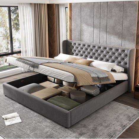 lit coffre 160x200 velours gris capitonne HAVRYA (1/5)