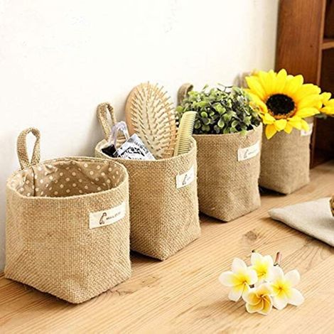 Sac De Rangement Suspendu - Coton Et Lin - 14 X 12 5 Cm - Pour Jouets Maquillage Petits Objets - Lot De 4 (1/5)