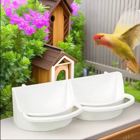 Halbkreisförmiger, zweigeteilter Vogelfutterspender für Vogelkäfige – weiß