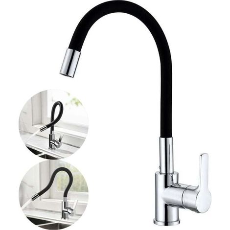 Flexible Kitchen Faucet with High Swivel Spout, Flexible Sink Mixer Tap, Chrome and Black Single Hole Sink Tap with Hot and Cold Water (Flexible Hose) (1/4)