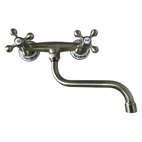 Bagnoclic – Robinet mural de cuisine en vieux laiton – Bec orientable 18 cm – Aérateur anticalcaire Néoperl – Entraxe 15 cm – Décor céramique fleurs (1/3)