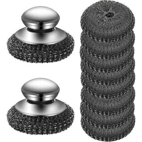 Brosse de cuisine 2 pièces avec manche, 8 éponges inox lavables, pour casseroles et grills, réutilisable (1/5)