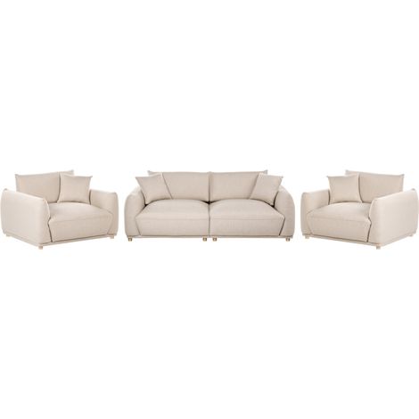 Conjunto de sala de estar moderno 5 plazas de tela con cojines decorativos sofá y sillones con patas de madera beige Jubek
