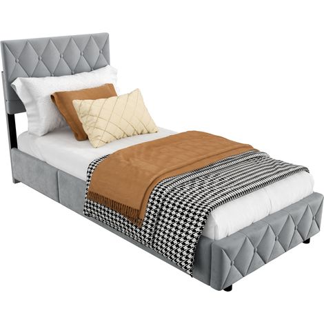 Lit 90x200 cm en velours gris avec sommier à lattes en bois massif, barre centrale stabilisatrice et confort moelleux – idéal pour votre chambre – CHICFURN (1/5)