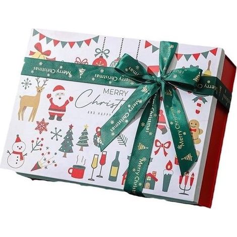 Coffret cadeau de Noël avec couvercle - Motifs sapin de Noël - Rouge et vert - 29 x 21 x 10,5 cm - Emballage cadeau festif (1/5)