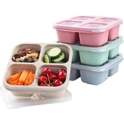 4er Pack Bento Boxen, 4 Fächer Lunchboxen Wiederverwendbar Lunchboxen für Kinder und Erwachsene Lebensmittelbehälter mit Trennwänden für Schule, (1/5)