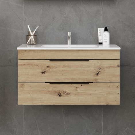 Mobile bagno sospeso 80 cm in rovere naturale spazzolato grezzo LAC-EFESTO-80 kamalu