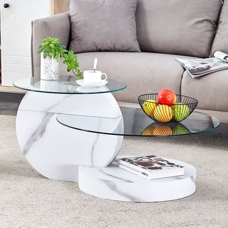 Table basse moderne en verre trempé, design multicouche, support MDF avec finition bois naturel – table salon, table d'appoint, plusieurs couleurs disponibles (1/5)