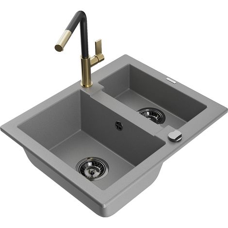 Mexen Carlos 1,5-Kammer Granitspüle mit Küchenarmatur Flora, grau - 6518-71-670401-57-B (1/5)