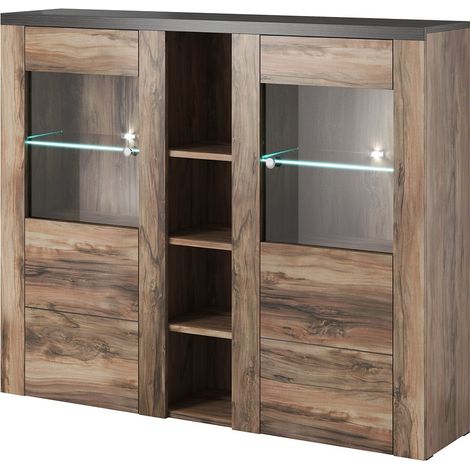 Vaisselier design 2 portes pour salon couleur noyer et noir effet bois. collection SANTIAGO. (1/4)