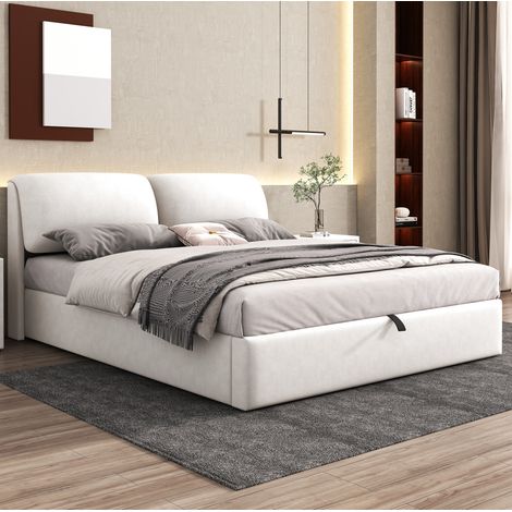 Cama tapizada moderna de terciopelo beige 180x200 cm con cabecero regulable, 3 cajones, arcón hidráulico y somier de láminas