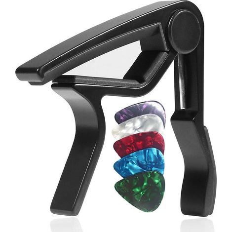 Capodastre Guitare, Alliage Capo de Guitare Pour Folk 6 Cordes Guitare, Guitare Electrique et Acoustique Ukulélé, Mandoline et Banjo Avec 5 Médiators, Noir., (1/5)